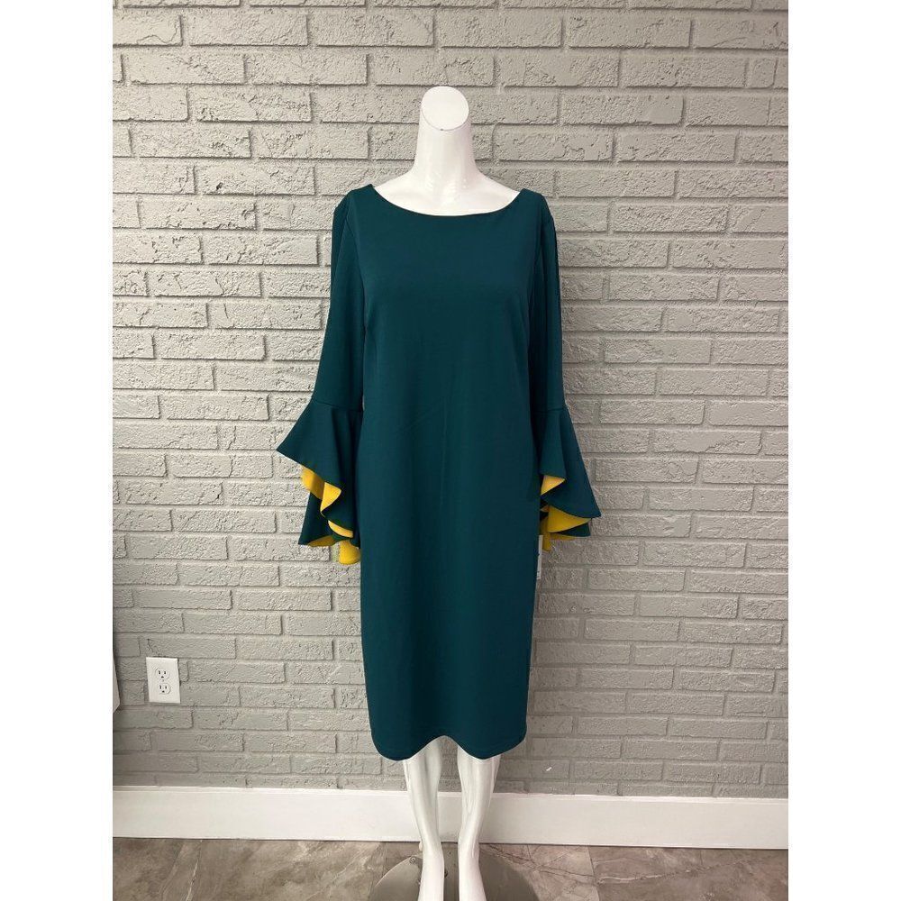 Shelby & Palmer Women Green Boatneck 3/4 Bell Sleeve Sheath Dress Size 14